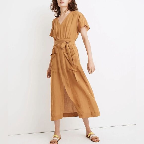 Madewell Dresses & Skirts - Madewell Linen Blend Tie Waist Short Sleeve Lightweight Midi Dress Neutral Camel